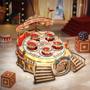 Maquette Bois 3D Musicale ROKR - Carrousel des Tasses "Tilt-A-Whirl" - Kit Puzzle 3D à Construire